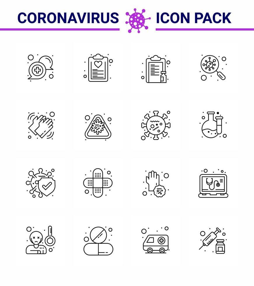 conjunto de iconos covid19 para el paquete infográfico de 16 líneas, como la lista de gérmenes y bacterias, medicina en papel, coronavirus viral 2019nov, elementos de diseño de vectores de enfermedades