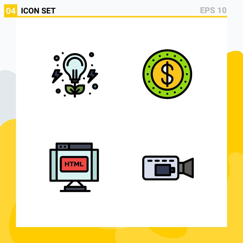 Set of 4 Modern UI Icons Symbols Signs for bulb html nature cash cam Editable Vector Design Elements