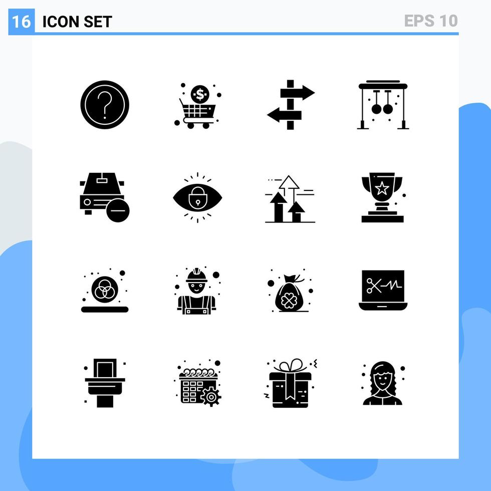 Group of 16 Modern Solid Glyphs Set for delete training shopping gym rings Editable Vector Design Elements