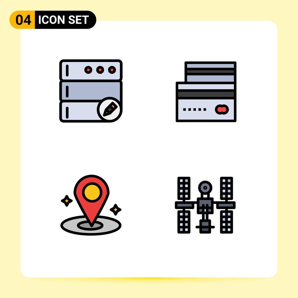 Set of 4 Vector Filledline Flat Colors on Grid for database navigation card money complex Editable Vector Design Elements