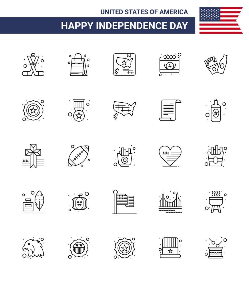 Group of 25 Lines Set for Independence day of United States of America such as bottle date american calendar world Editable USA Day Vector Design Elements