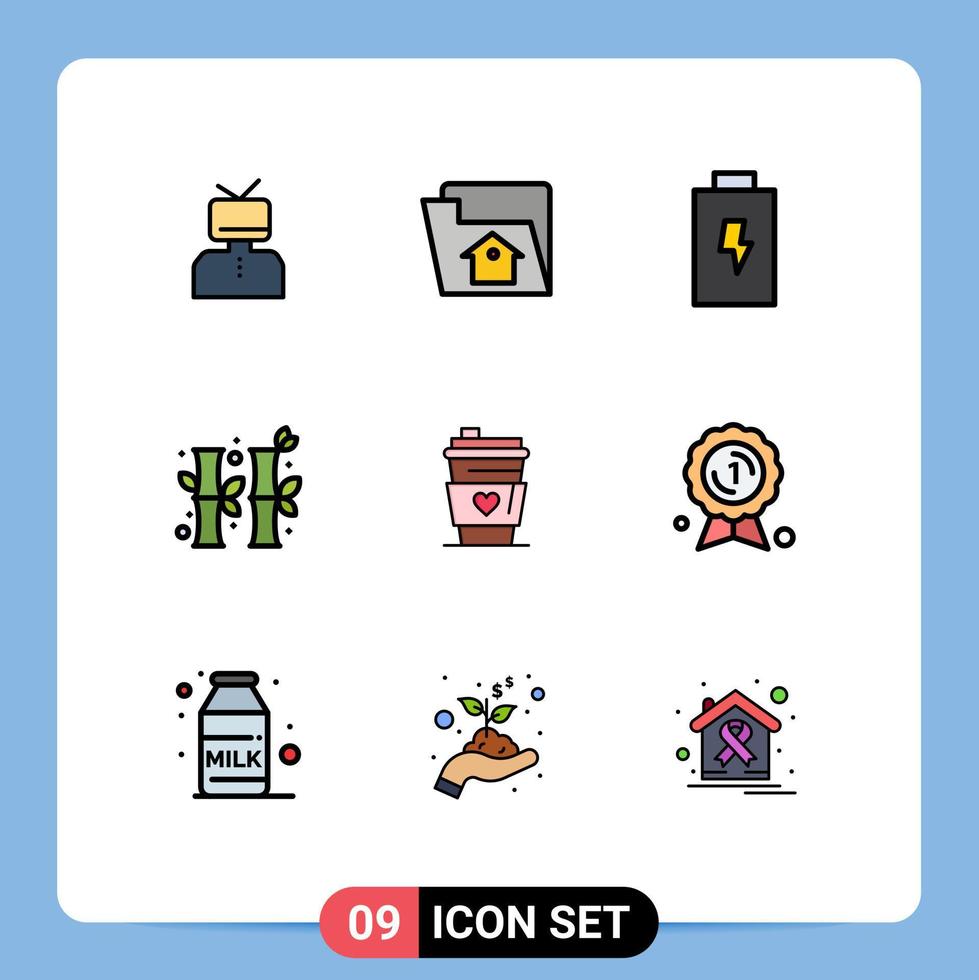 Set of 9 Commercial Filledline Flat Colors pack for drink gree service chinese bamboo Editable Vector Design Elements