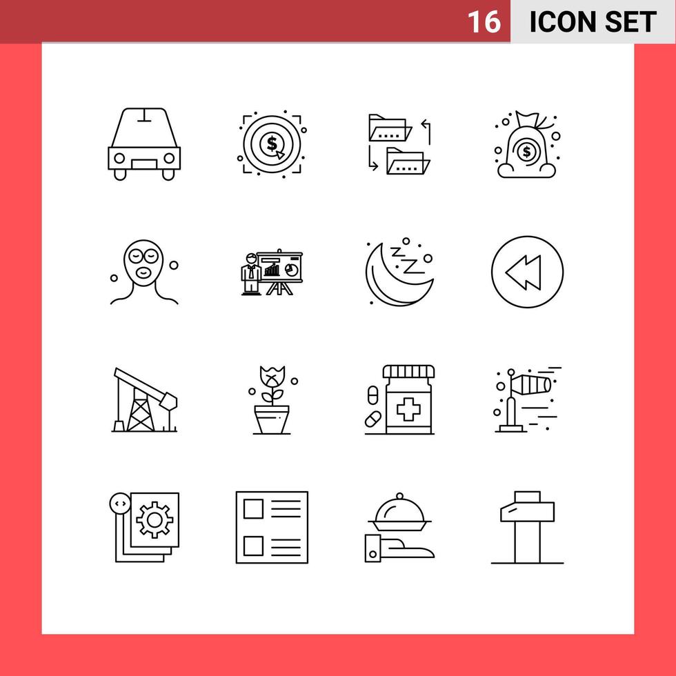Set of 16 Vector Outlines on Grid for cosmetics finance document money bag Editable Vector Design Elements