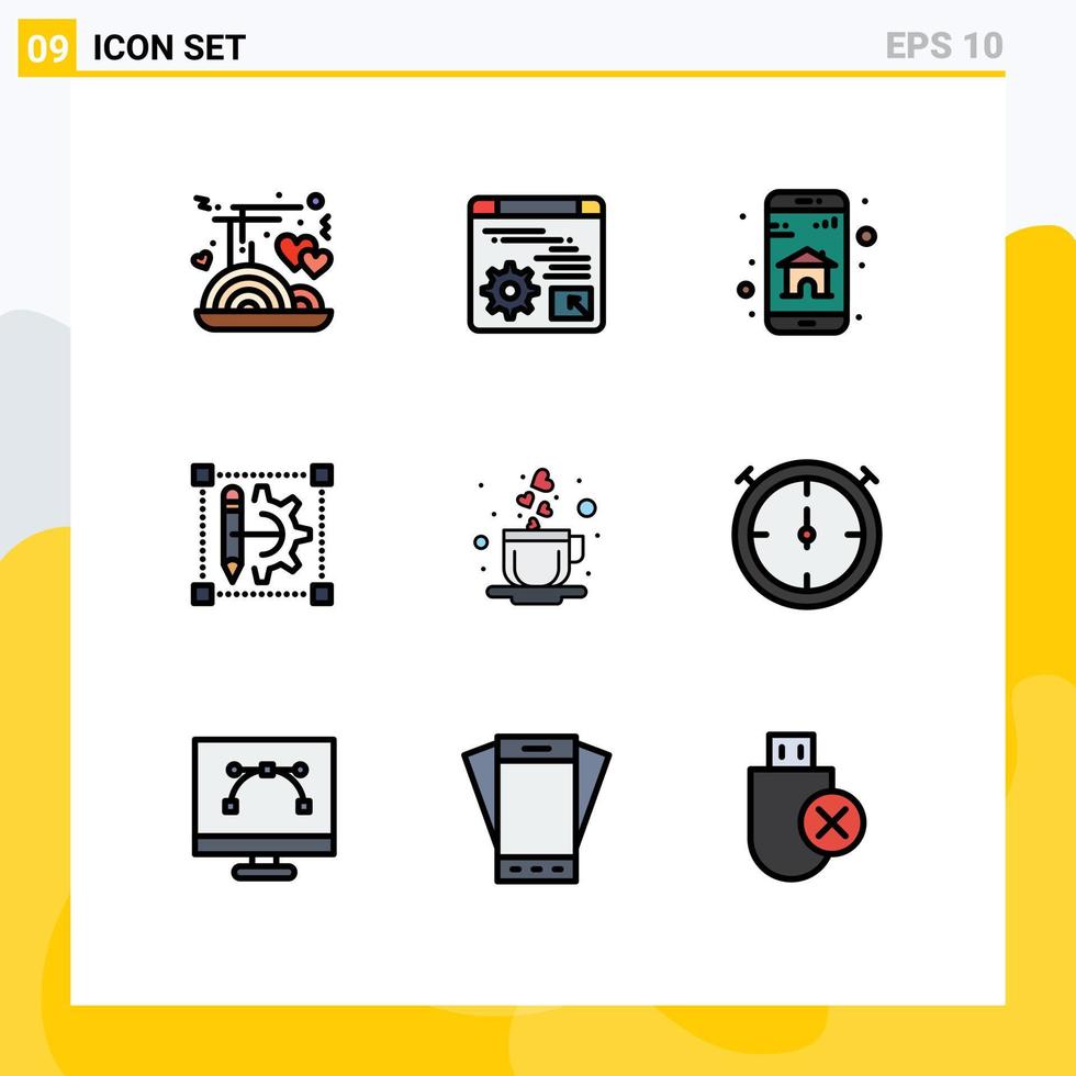 Universal Icon Symbols Group of 9 Modern Filledline Flat Colors of coffee printer app cog wheel pencil Editable Vector Design Elements