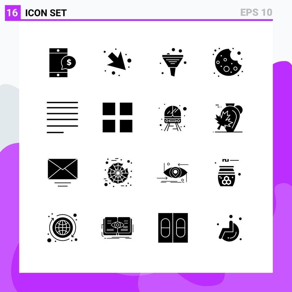 Modern Set of 16 Solid Glyphs Pictograph of text align data food bite Editable Vector Design Elements
