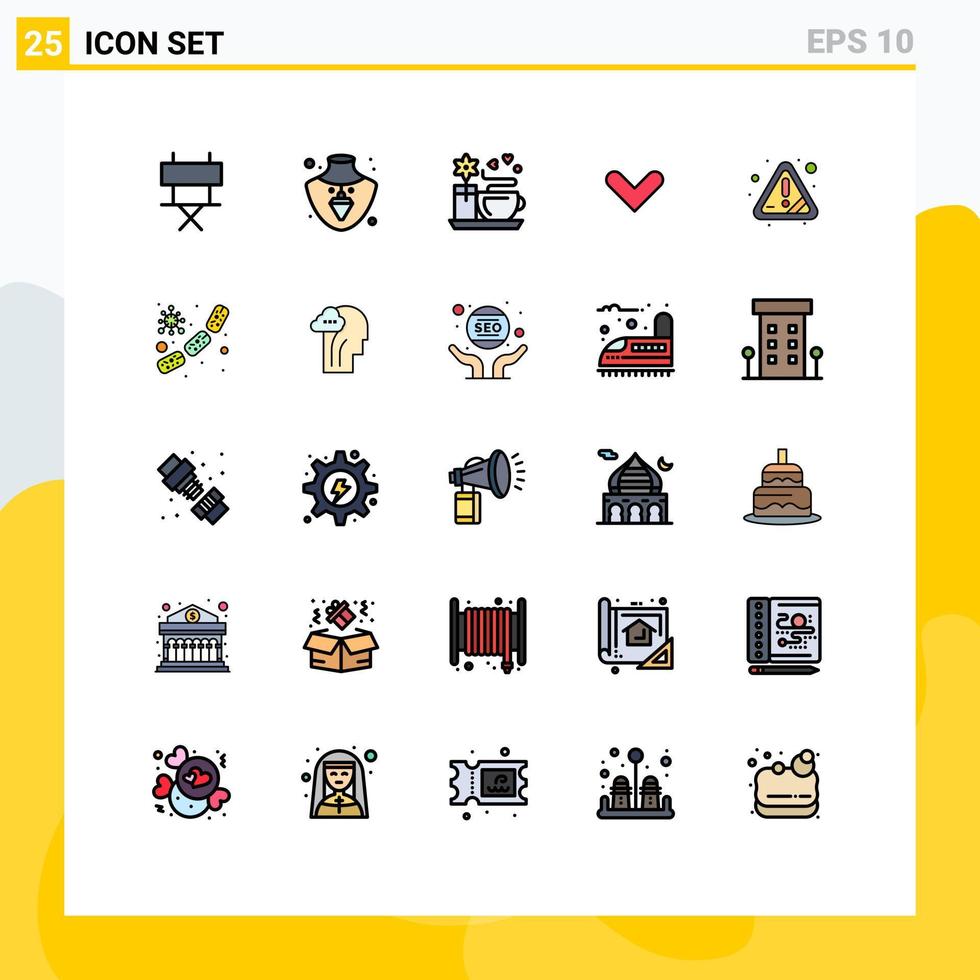 grupo de 25 signos y símbolos de colores planos de línea rellena para elementos de diseño vectorial editables de dirección de alerta de café de advertencia de error vector