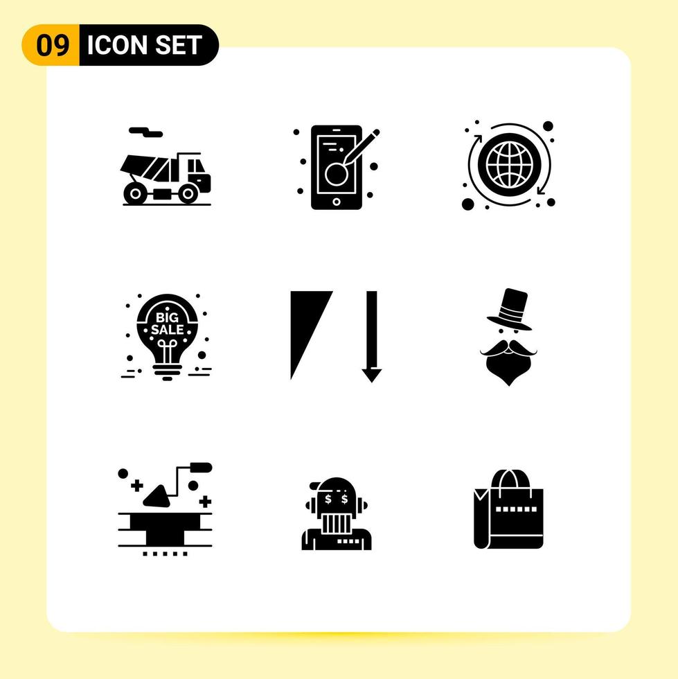 Group of 9 Modern Solid Glyphs Set for sort sale advertisement economy grand sale collect Editable Vector Design Elements