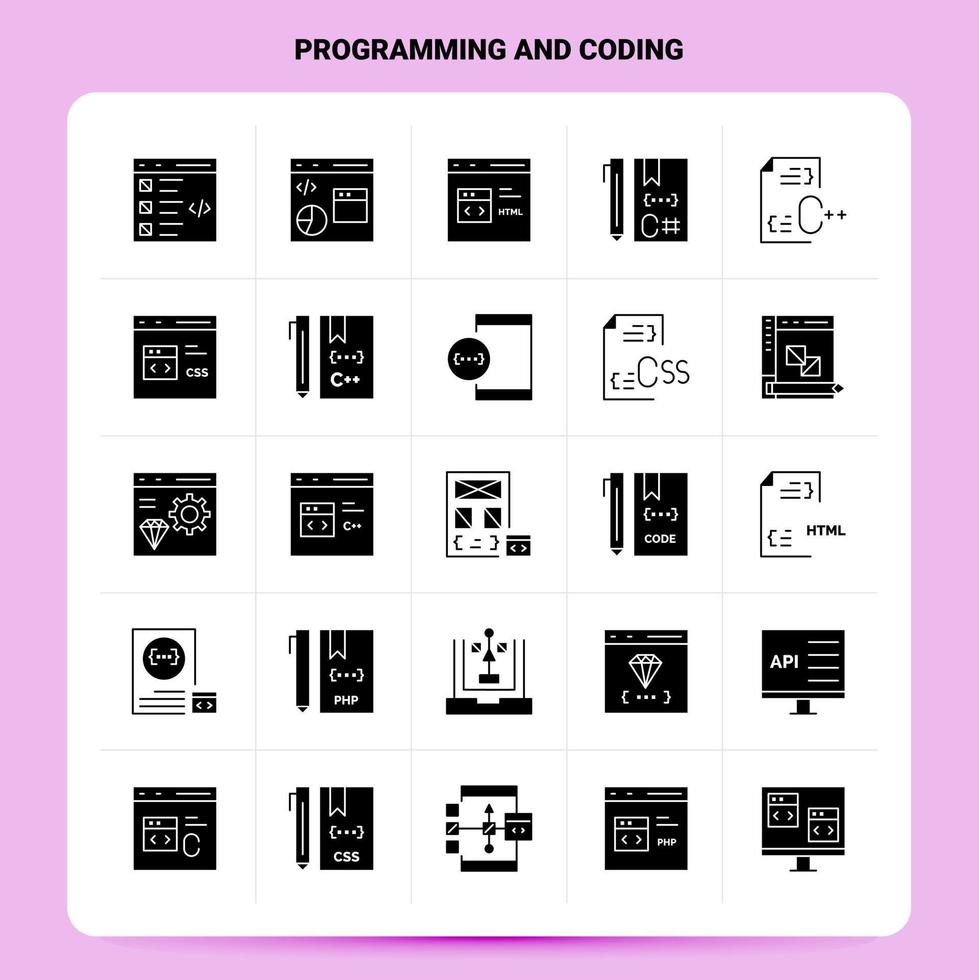 Solid 25 Programming And Coding Icon set Vector Glyph Style Design Black Icons Set Web and Mobile Business ideas design Vector Illustration