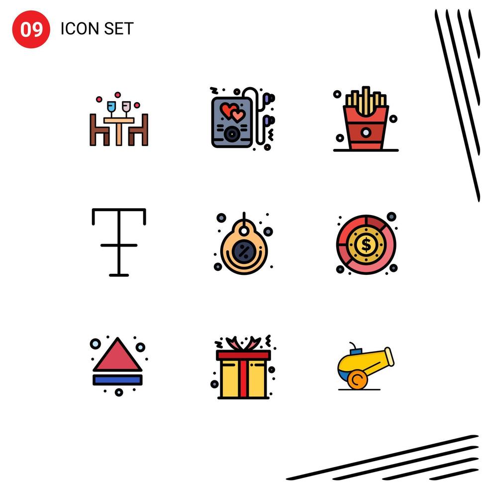 Pictogram Set of 9 Simple Filledline Flat Colors of price label drink strike font Editable Vector Design Elements