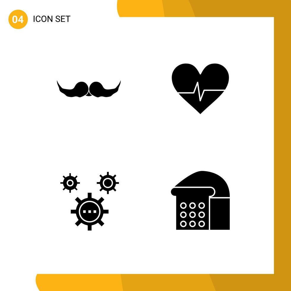 Pack of 4 creative Solid Glyphs of moustache design male heart ideas Editable Vector Design Elements