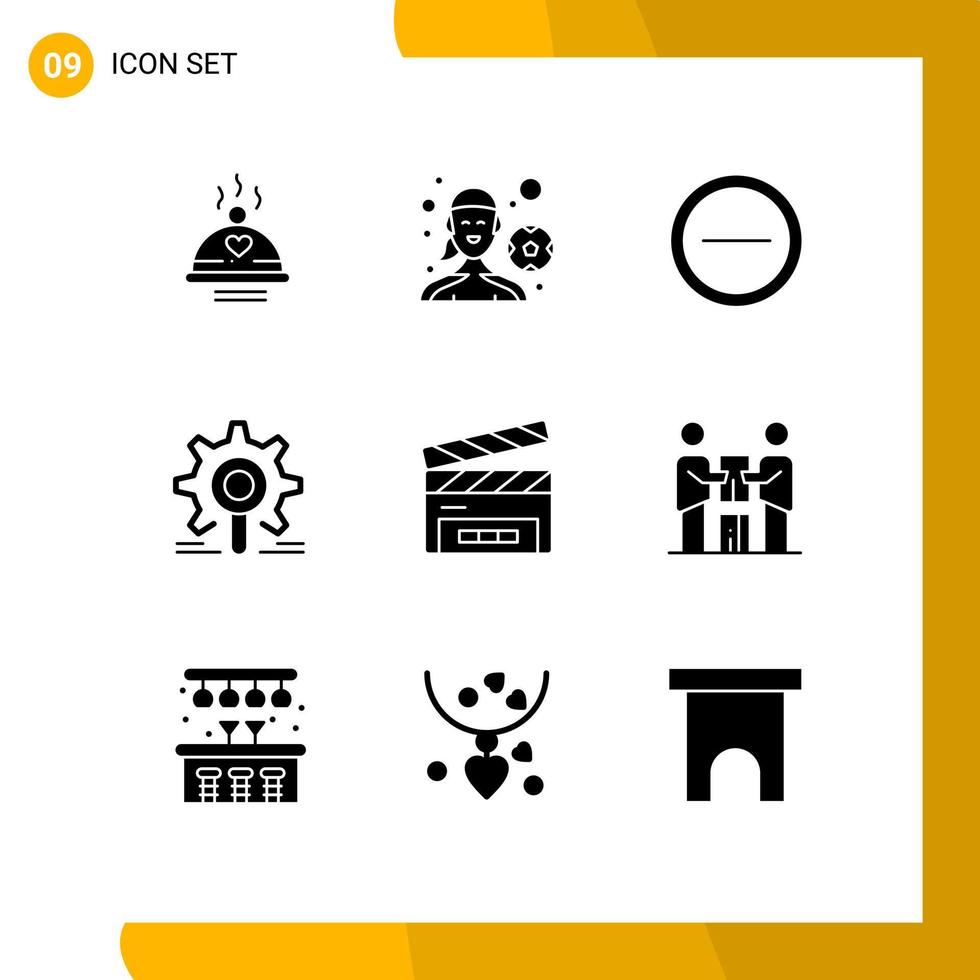 Set of 9 Commercial Solid Glyphs pack for clapboard research playing football search engine Editable Vector Design Elements