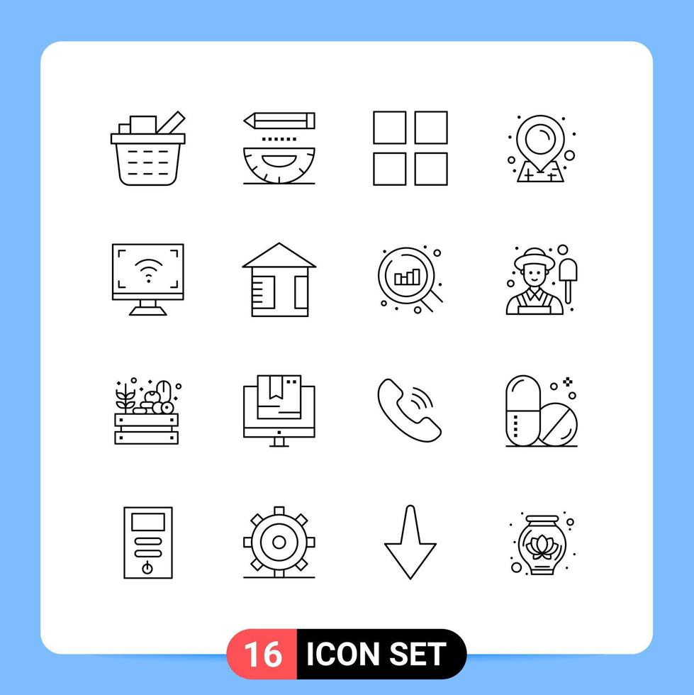 Group of 16 Outlines Signs and Symbols for smart multimedia grid electronics map Editable Vector Design Elements
