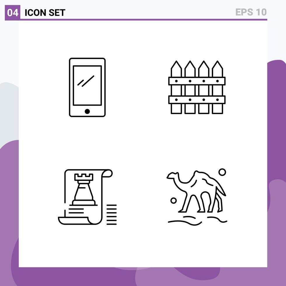 Mobile Interface Line Set of 4 Pictograms of phone document android farming tower Editable Vector Design Elements