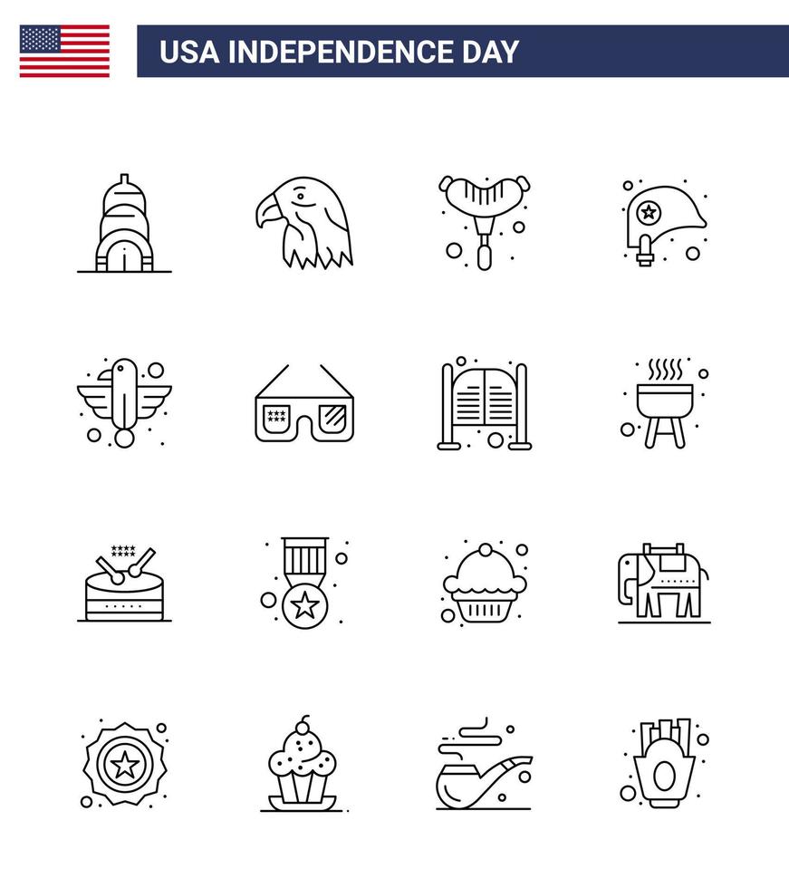 Group of 16 Lines Set for Independence day of United States of America such as eagle animal frankfurter american protection Editable USA Day Vector Design Elements