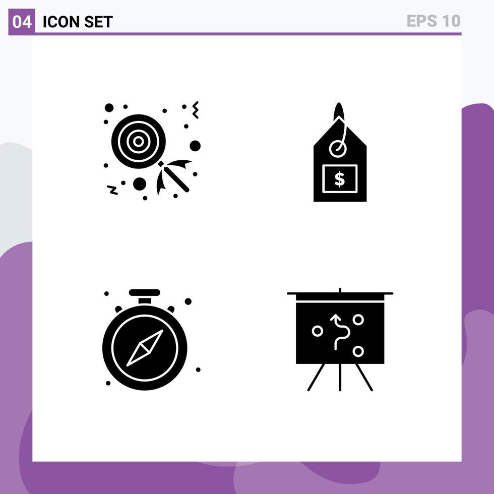 Modern Set of 4 Solid Glyphs and symbols such as candy watch tag interface board Editable Vector Design Elements