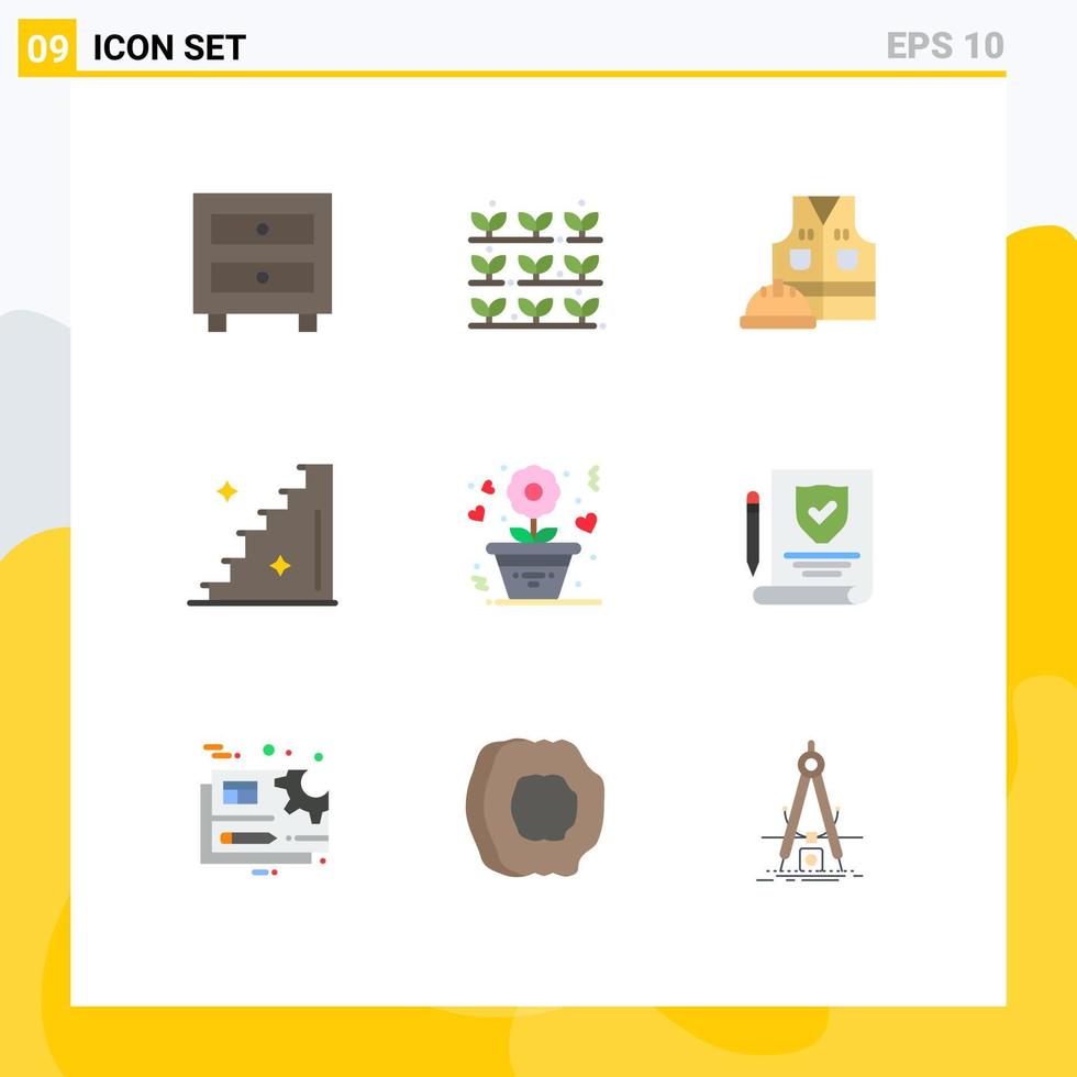 Modern Set of 9 Flat Colors Pictograph of romance flower labour jacket stairs floor Editable Vector Design Elements