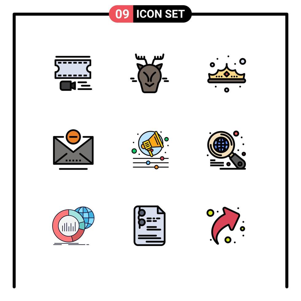 9 User Interface Filledline Flat Color Pack of modern Signs and Symbols of campaign remove crown mail luxury Editable Vector Design Elements