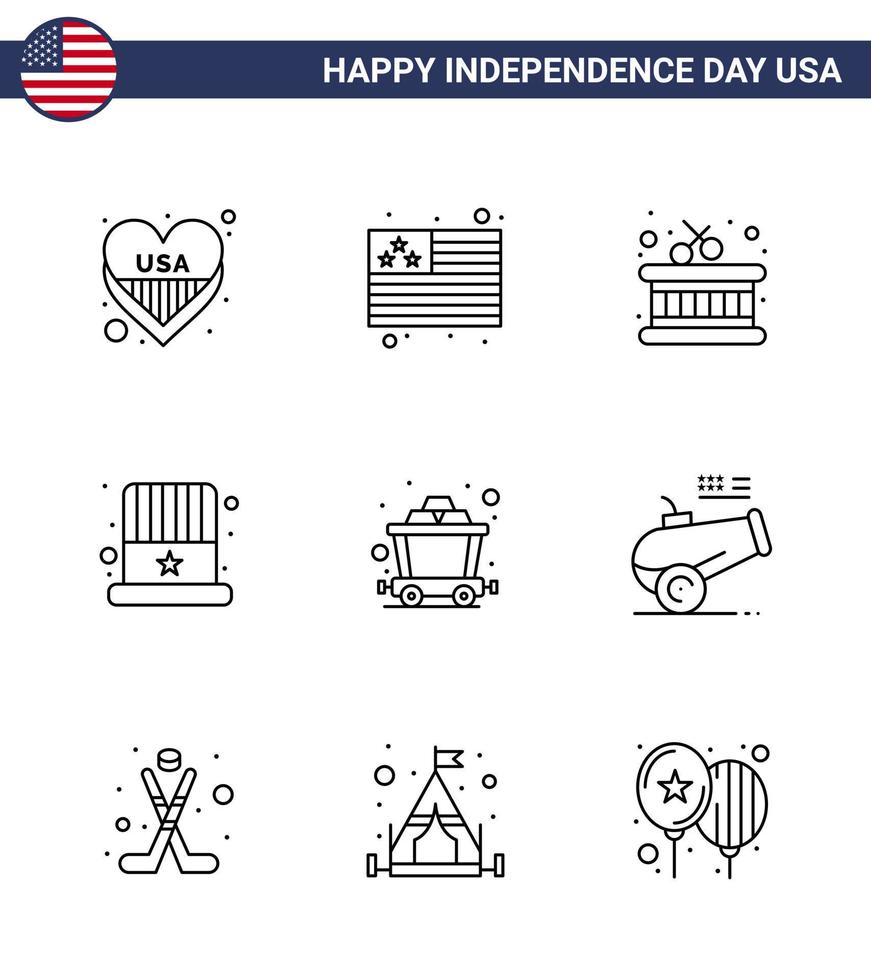 Editable Vector Line Pack of USA Day 9 Simple Lines of big gun mine instrument cart hat Editable USA Day Vector Design Elements