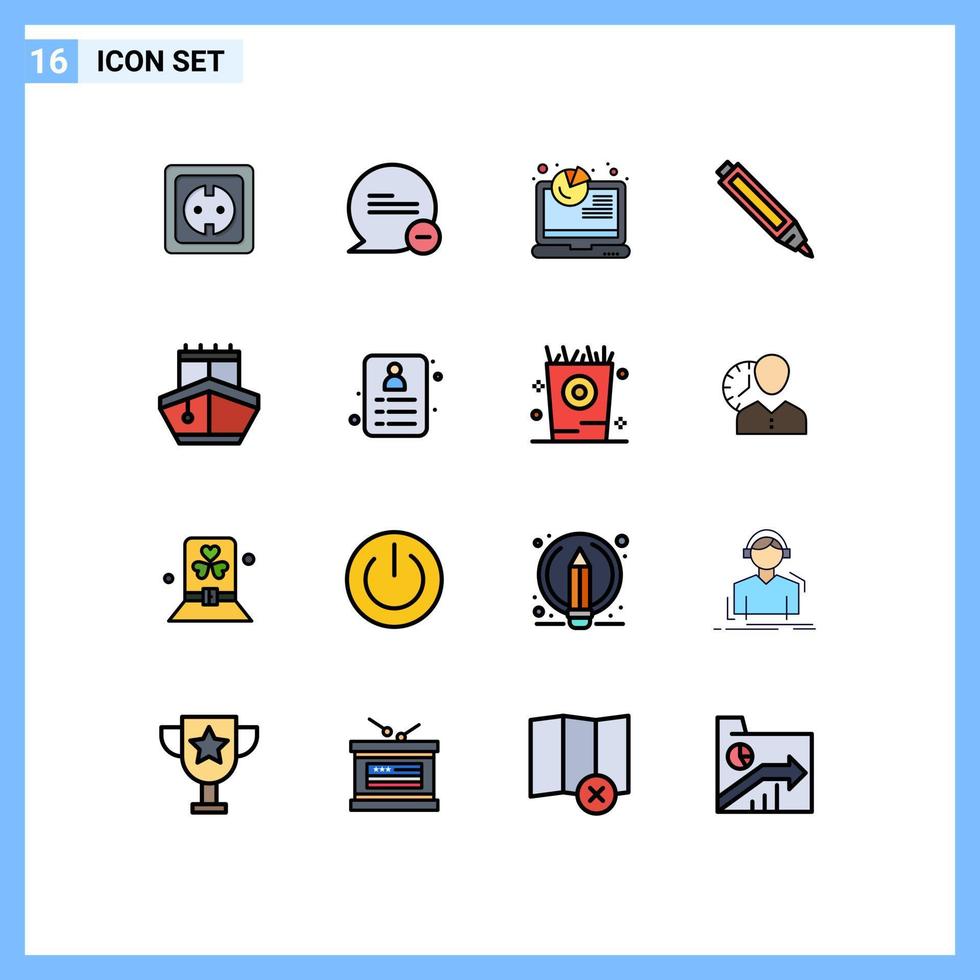 conjunto de pictogramas de 16 líneas simples llenas de color plano de transporte lápiz mensaje pluma análisis elementos de diseño de vectores creativos editables