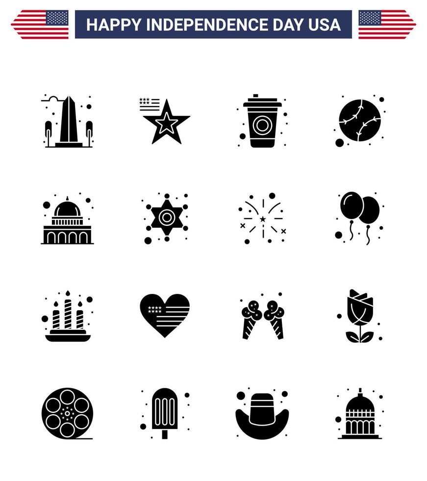 Big Pack of 16 USA Happy Independence Day USA Vector Solid Glyphs and Editable Symbols of madison united usa states american Editable USA Day Vector Design Elements