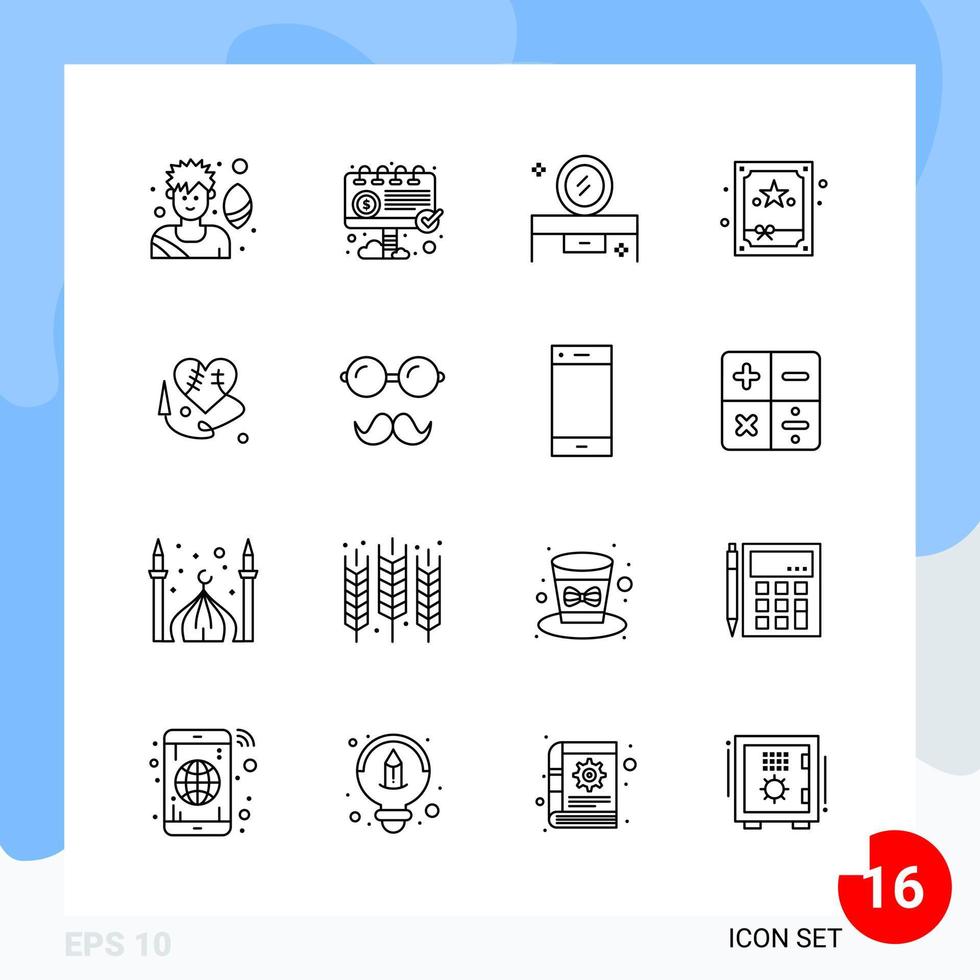 Modern Pack of 16 Icons Line Outline Symbols isolated on White Backgound for Website designing Creative Black Icon vector background