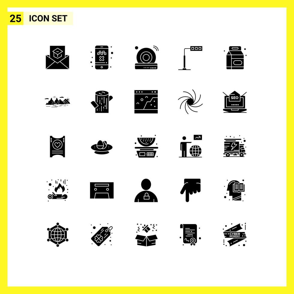 Modern Set of 25 Solid Glyphs Pictograph of beverage tower transport light internet Editable Vector Design Elements