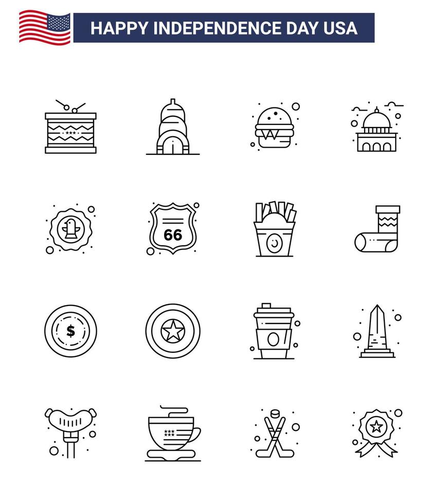 4 de julio usa feliz día de la independencia icono símbolos grupo de 16 líneas modernas de american usa burger edificio emblemático editable usa day vector design elements