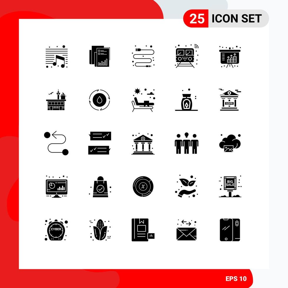 25 Thematic Vector Solid Glyphs and Editable Symbols of train public data internet data Editable Vector Design Elements