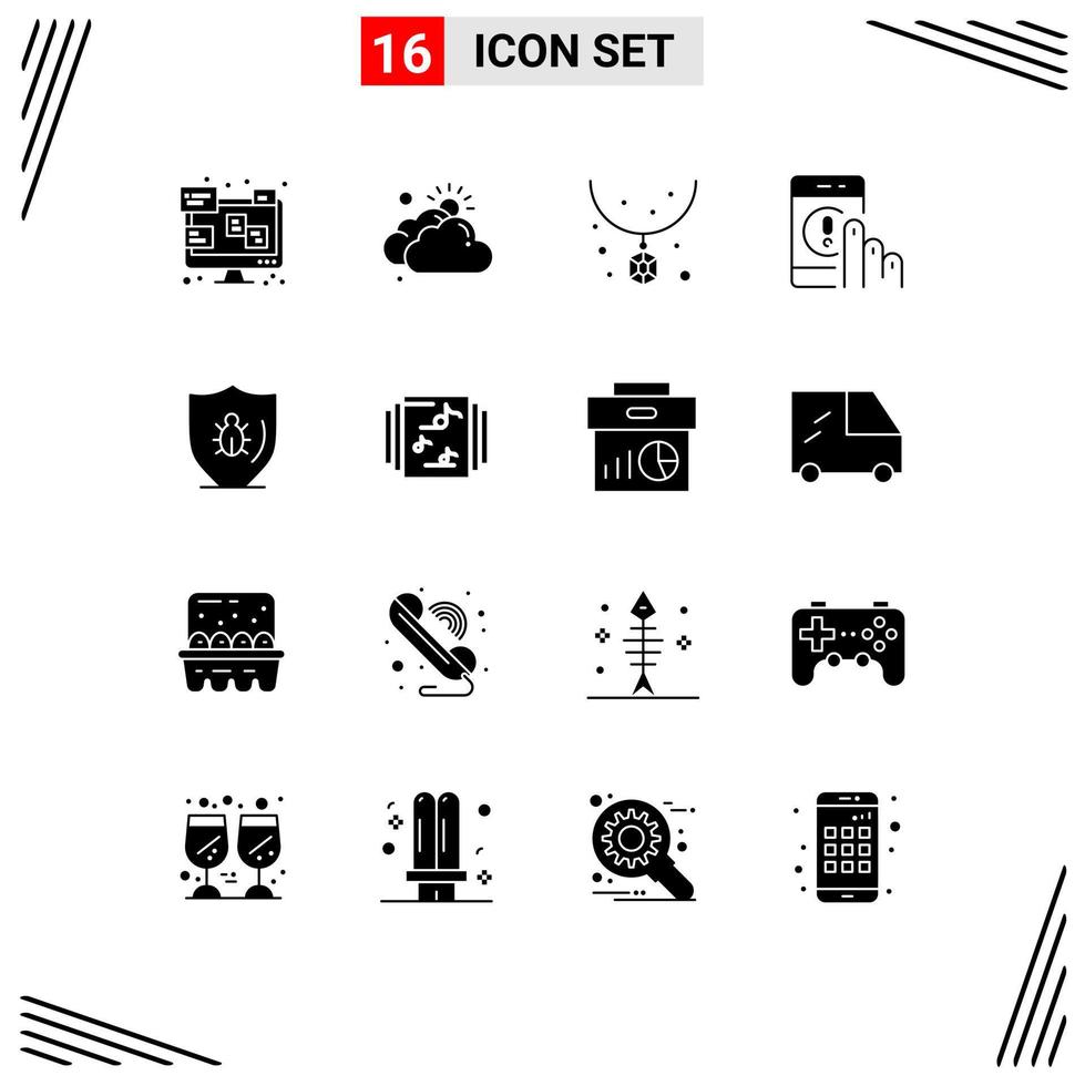 Mobile Interface Solid Glyph Set of 16 Pictograms of bug help accessories contact click Editable Vector Design Elements