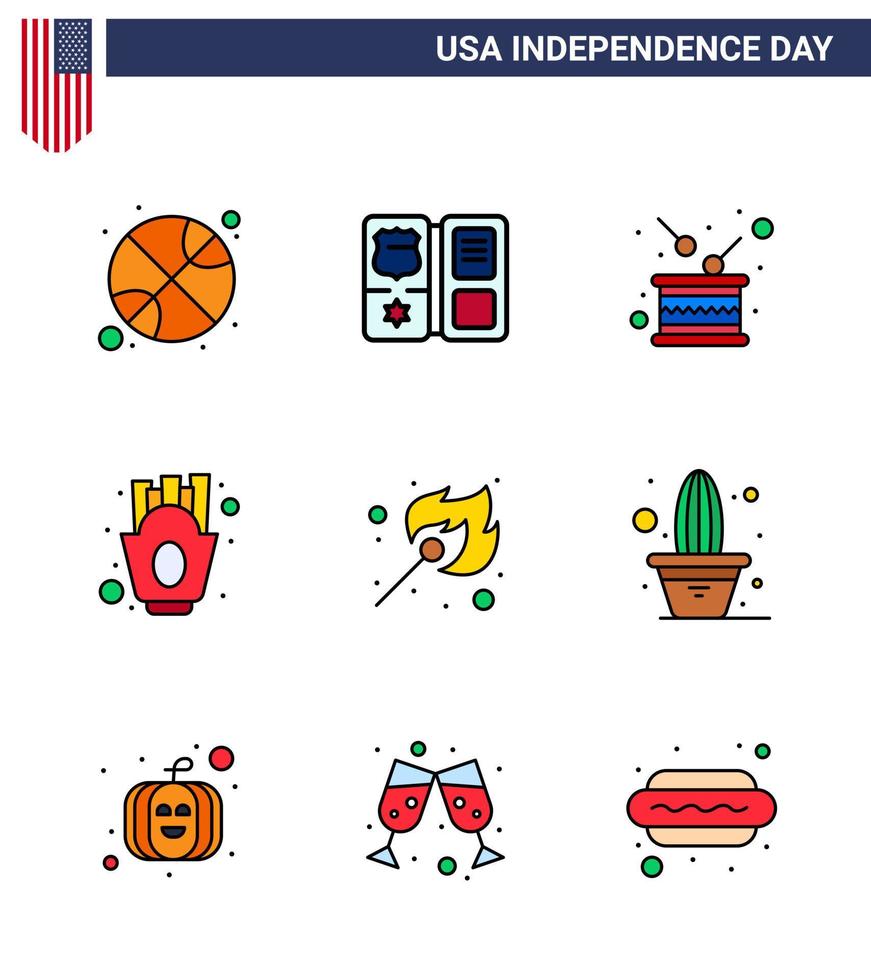 Set of 9 Vector Flat Filled Lines on 4th July USA Independence Day such as camping fries day french fries independence Editable USA Day Vector Design Elements