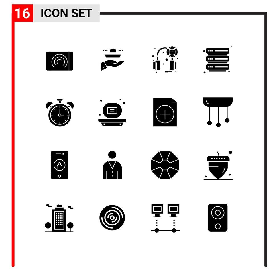 16 User Interface Solid Glyph Pack of modern Signs and Symbols of clock security dinner server world Editable Vector Design Elements