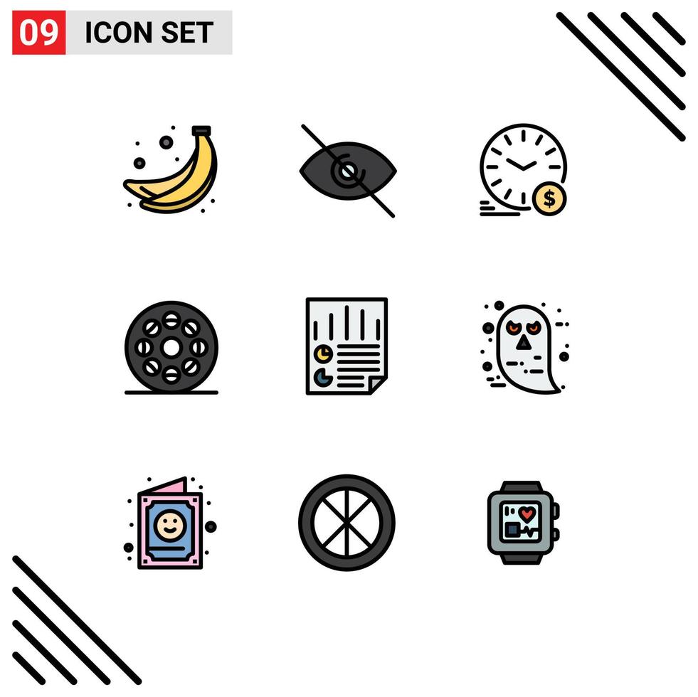 Editable Vector Line Pack of 9 Simple Filledline Flat Colors of page data dollar video movie Editable Vector Design Elements