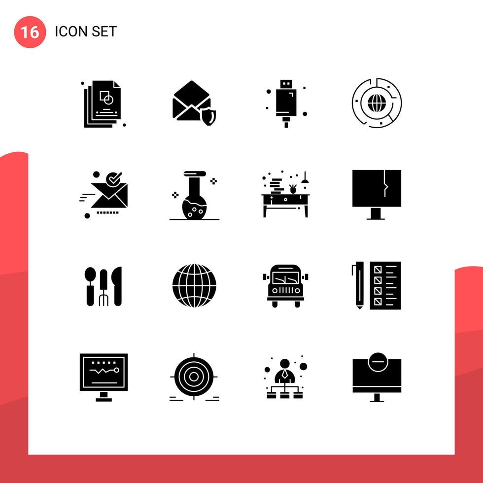 Pack of 16 Modern Solid Glyphs Signs and Symbols for Web Print Media such as graph chart cable business equipment Editable Vector Design Elements