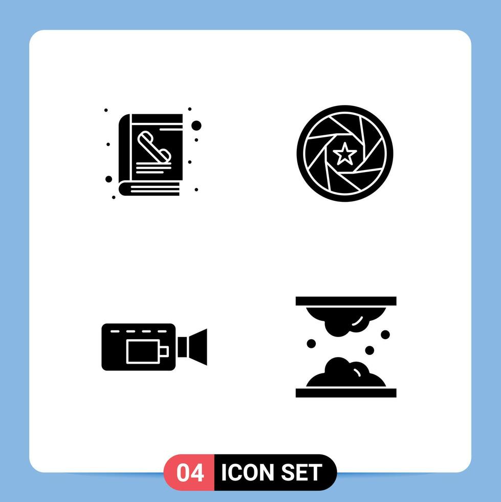 4 Universal Solid Glyphs Set for Web and Mobile Applications book cam phone book logo record Editable Vector Design Elements