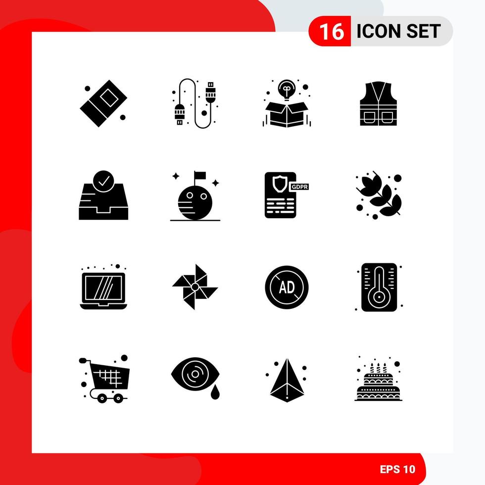 Pack of 16 Modern Solid Glyphs Signs and Symbols for Web Print Media such as inbox repair idea construction jacket Editable Vector Design Elements