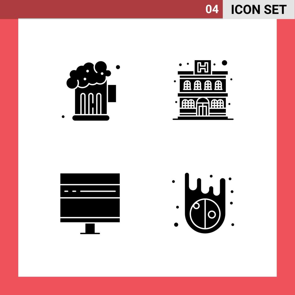 Mobile Interface Solid Glyph Set of 4 Pictograms of beer development apartment browser asteroids Editable Vector Design Elements