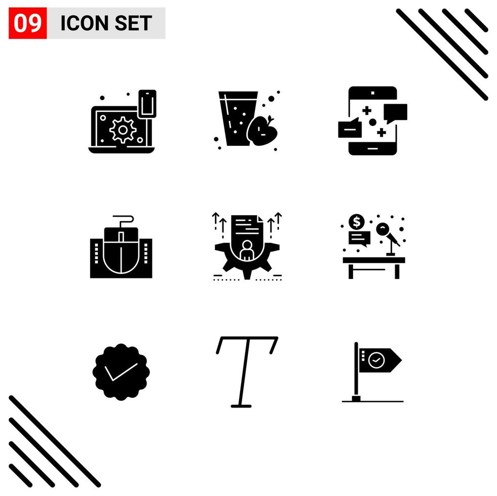 Universal Icon Symbols Group of 9 Modern Solid Glyphs of education computer apple mouse marketing Editable Vector Design Elements