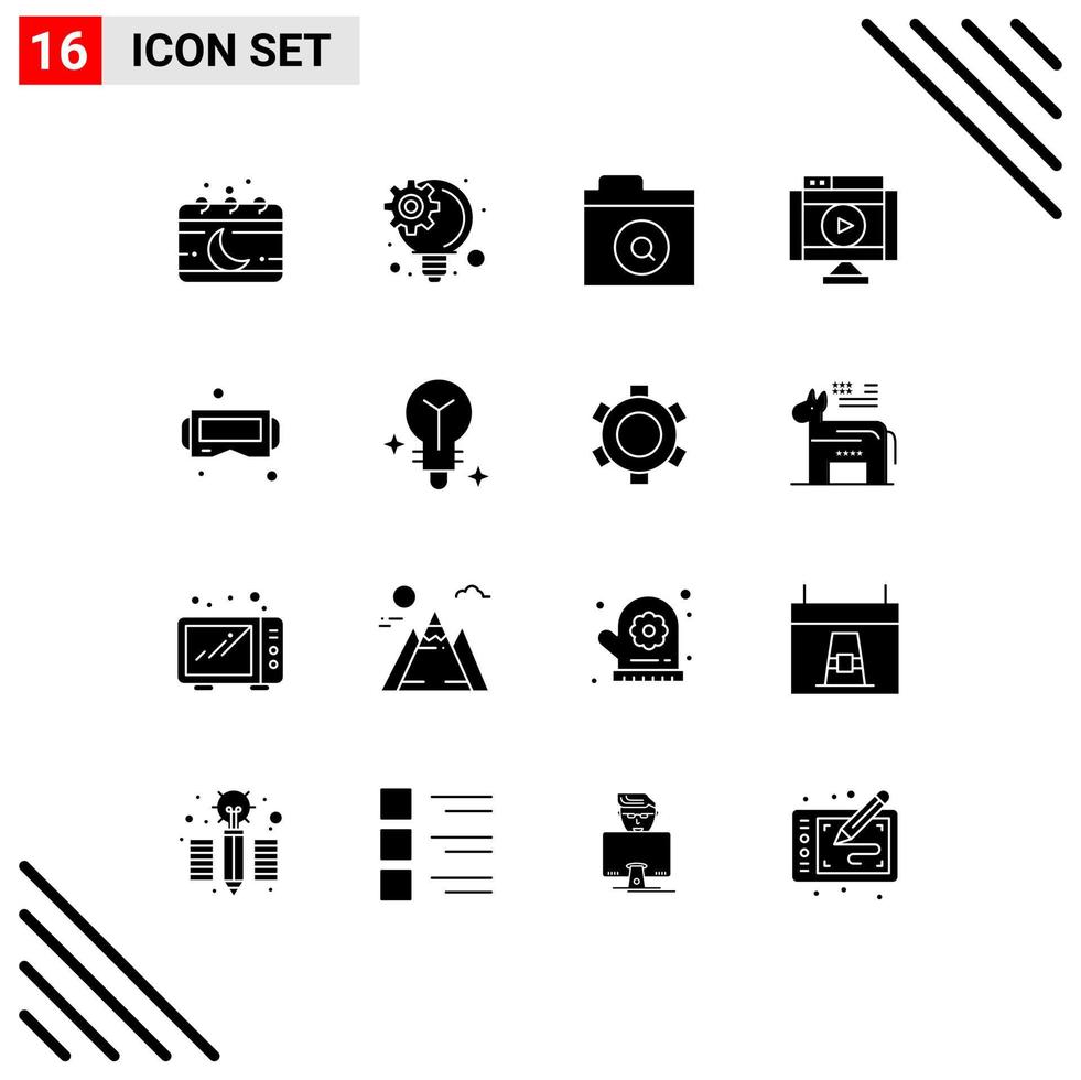 16 User Interface Solid Glyph Pack of modern Signs and Symbols of glasses video search player movie Editable Vector Design Elements