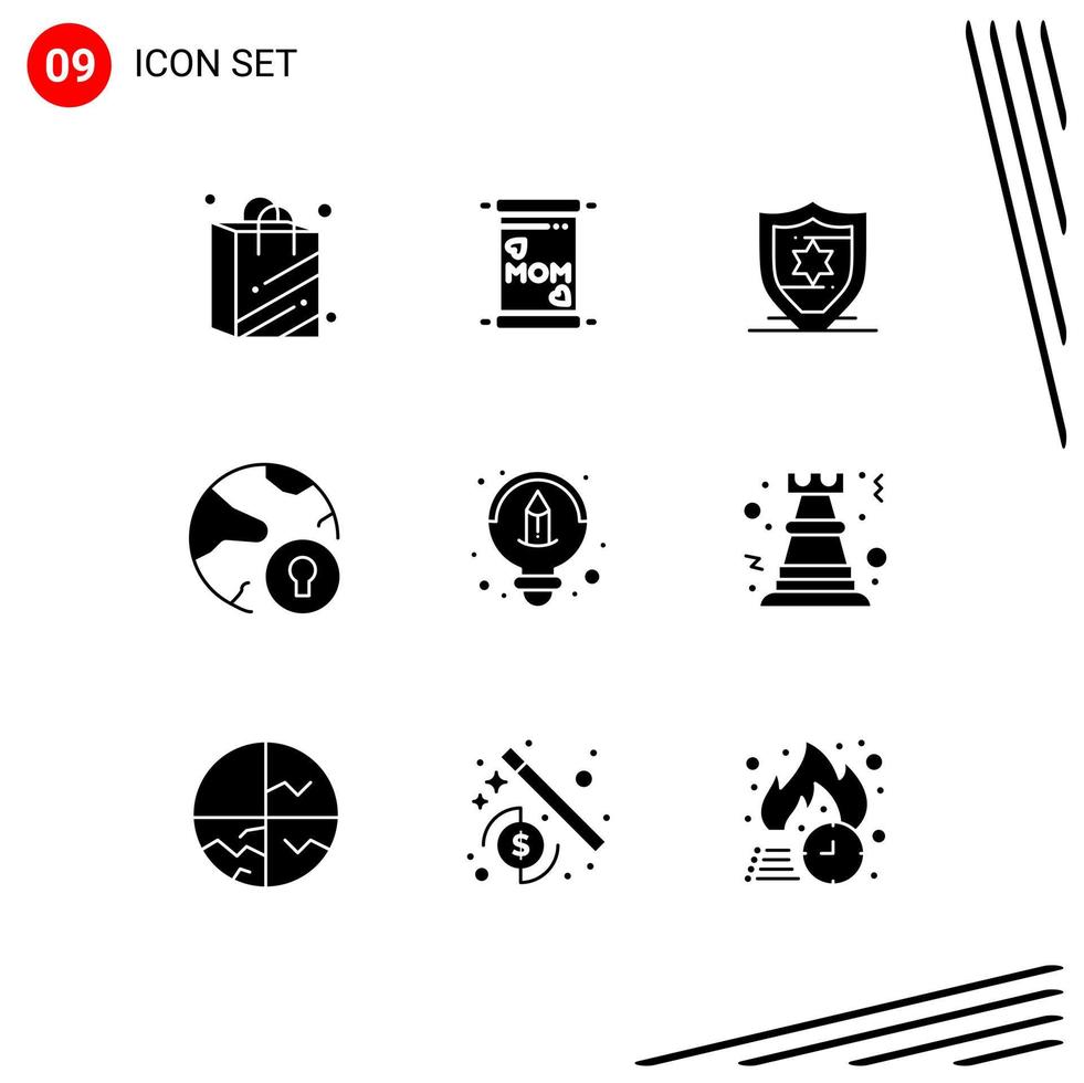 Pack of 9 creative Solid Glyphs of pawn design shield creative padlock Editable Vector Design Elements