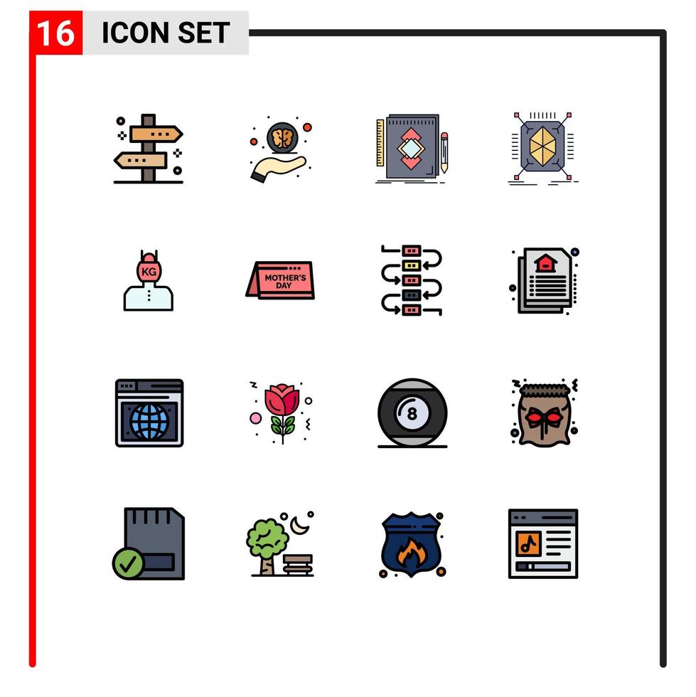 paquete de 16 signos y símbolos modernos de líneas rellenas de color plano para medios de impresión web, como objetos de soporte de creación de prototipos de estructuras, dibujar elementos de diseño de vectores creativos editables