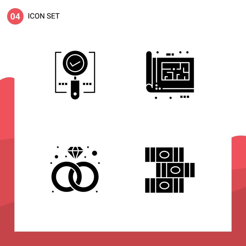 4 User Interface Solid Glyph Pack of modern Signs and Symbols of explore print ok design present Editable Vector Design Elements