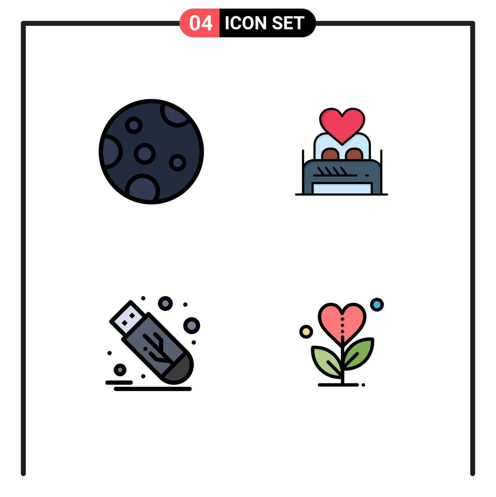 Group of 4 Filledline Flat Colors Signs and Symbols for moon drive bed couple stick Editable Vector Design Elements