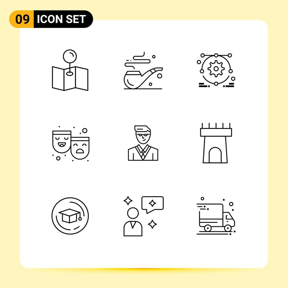 Group of 9 Outlines Signs and Symbols for castle student masks manager man Editable Vector Design Elements