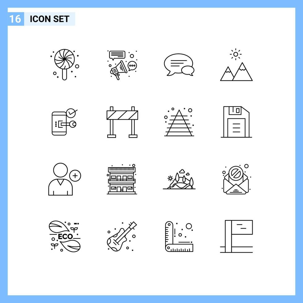 Group of 16 Outlines Signs and Symbols for lock peak chat nature extreme Editable Vector Design Elements