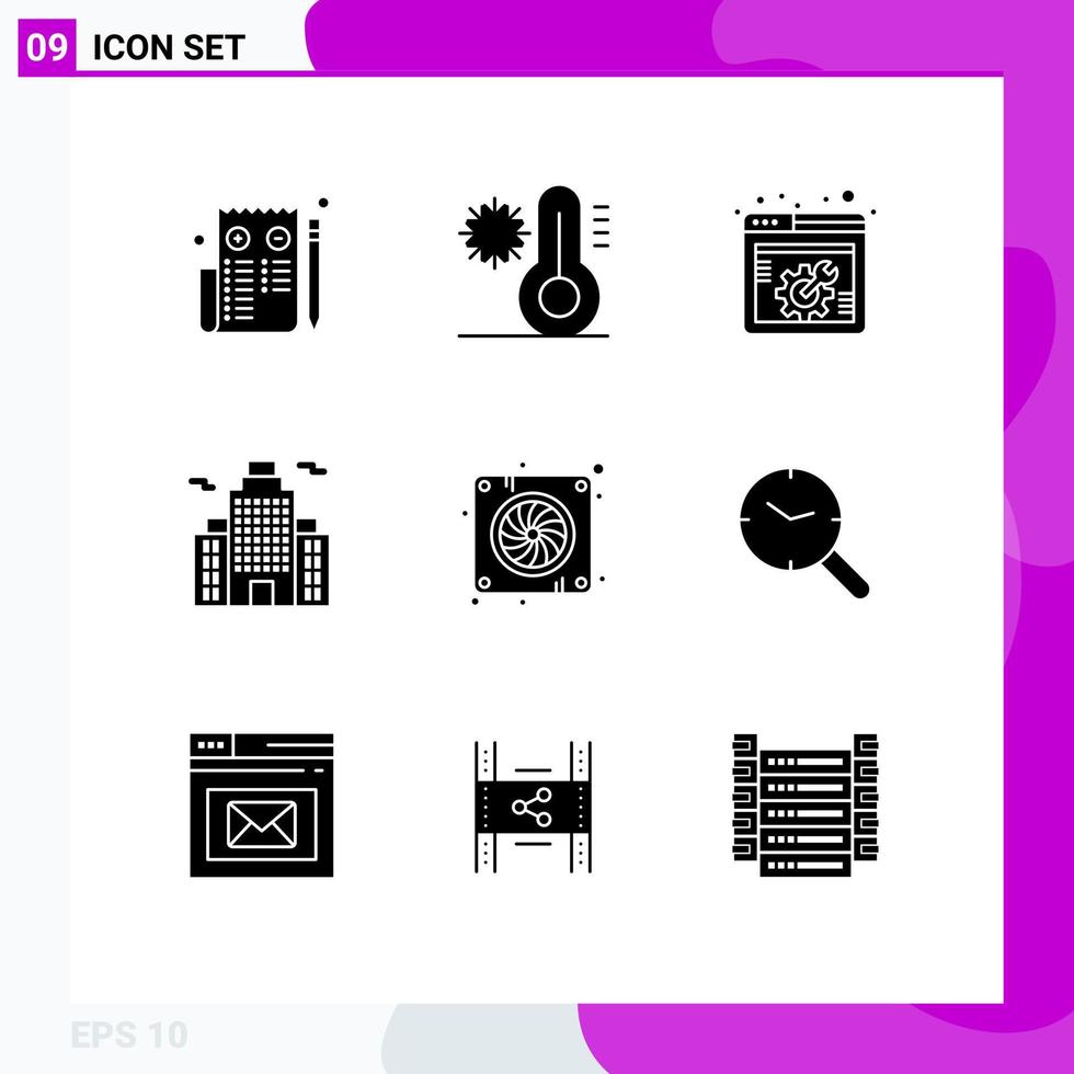 Set of 9 Commercial Solid Glyphs pack for fan computer spanner office building Editable Vector Design Elements