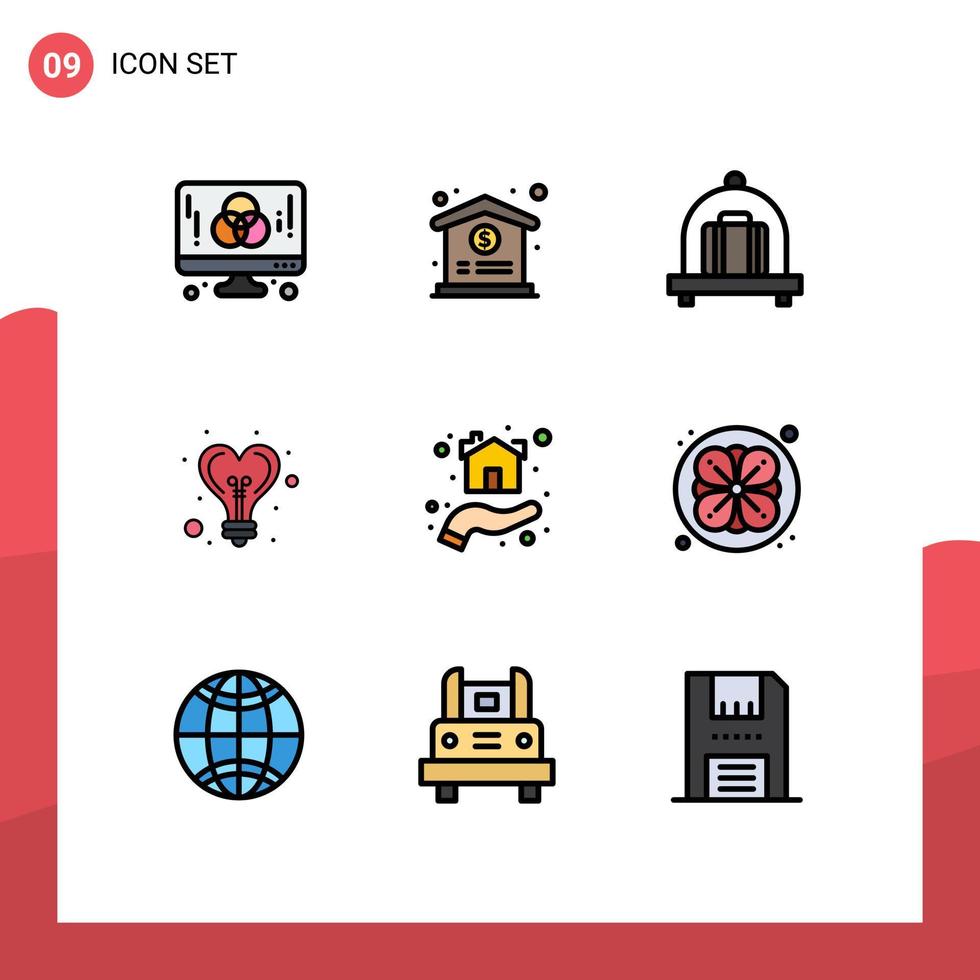 paquete de 9 modernos signos y símbolos de colores planos de línea rellena para medios de impresión web, como el equipaje de mano de la casa, que proporciona elementos de diseño de vectores editables ligeros
