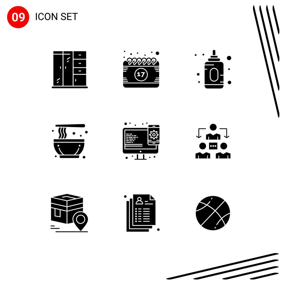 Mobile Interface Solid Glyph Set of 9 Pictograms of web design baby traditional culture Editable Vector Design Elements