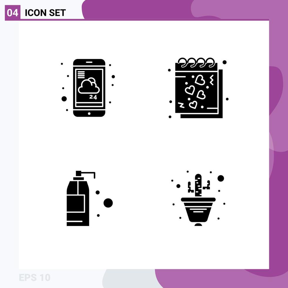 Group of 4 Solid Glyphs Signs and Symbols for forecast romantic service heart detergent Editable Vector Design Elements