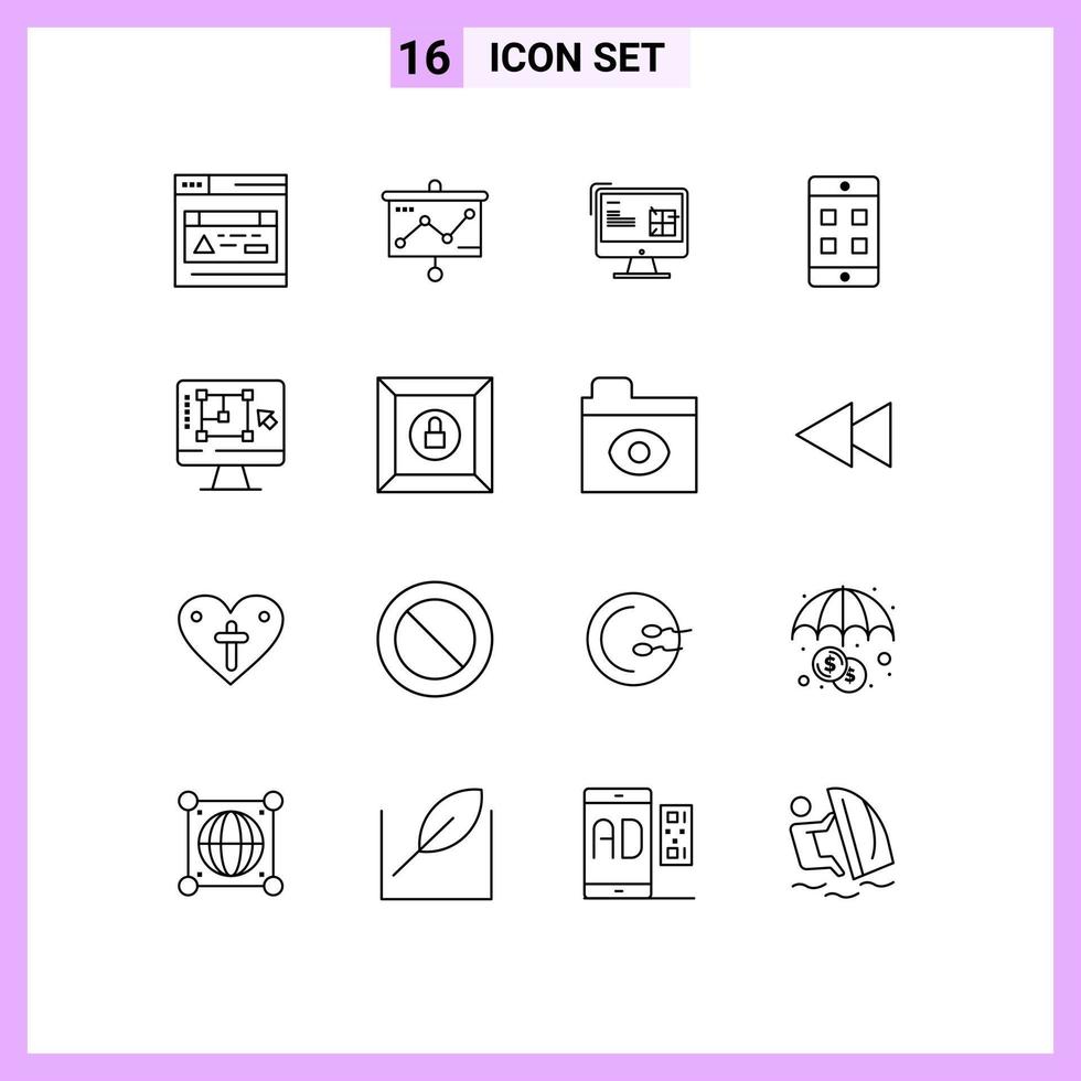 Pack of 16 creative Outlines of designing tool computer construction box mobile Editable Vector Design Elements