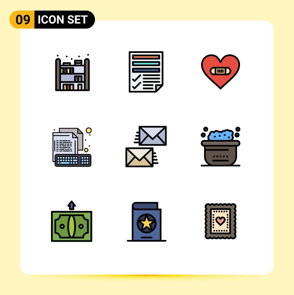 paquete de interfaz de usuario de 9 colores planos básicos de línea de relleno de computadora de daño creativo de archivo como elementos de diseño vectorial editables vector